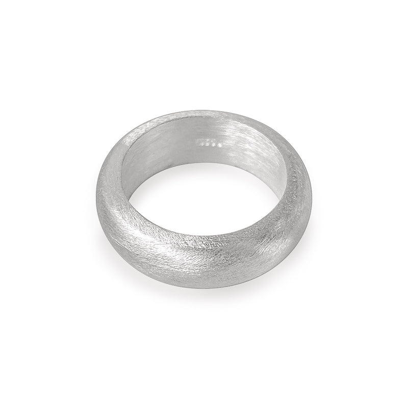 Matte sterling silver dome band ring with bold curved shape, wide and smooth brushed finish, minimal classic unisex design for everyday wear.