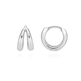 Sleek and modern sterling silver mini huggie hoops with a unique double-line structure that offers a minimalist yet striking silhouette, ideal for layering or wearing alone for a clean, contemporary look.
