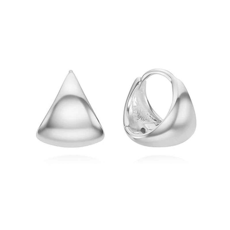 Sterling silver triangle dome huggie hoop earrings featuring a sculptural, polished finish and a bold, modern silhouette, designed to sit close to the earlobe for a sleek and minimalist look.